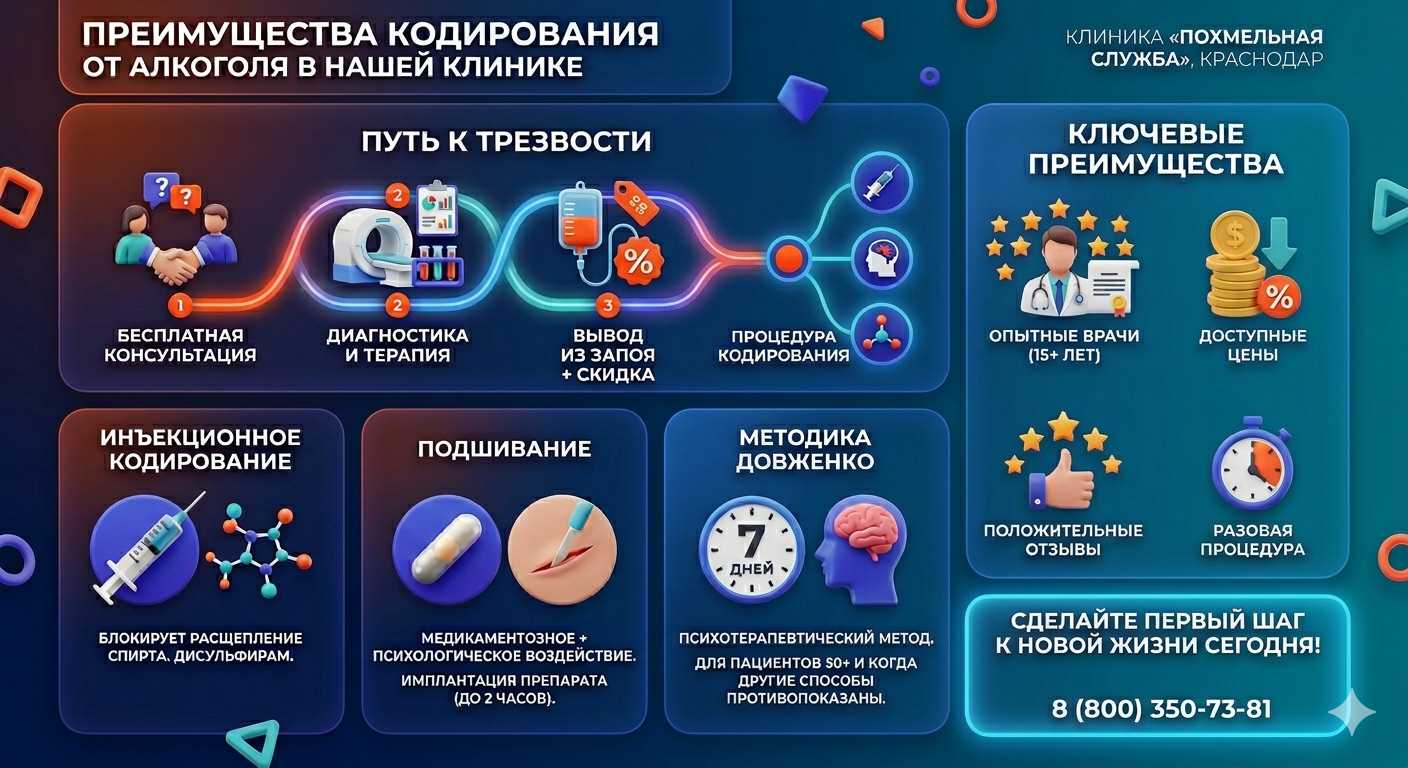 Инфографика о методах кодирования от алкоголя в Туле: инъекции, подшивание, метод Довженко. Преимущества клиники и этапы лечения.